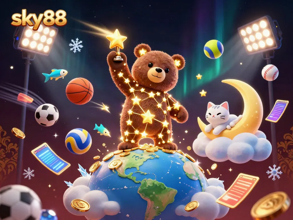 Experience the thrill of sky88 with vibrant 3D characters and dynamic sports elements in a casino setting.