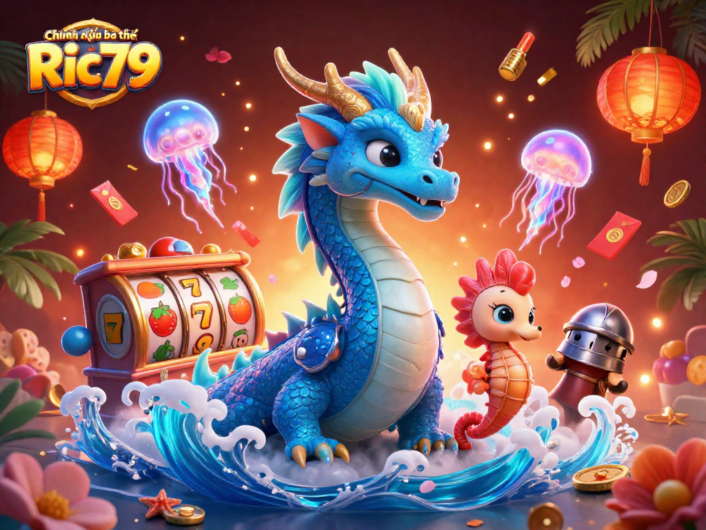 Experience the excitement of Chính sách bảo mật Ric79 through a vibrant 3D casino illustration with a dragon and slot machines.