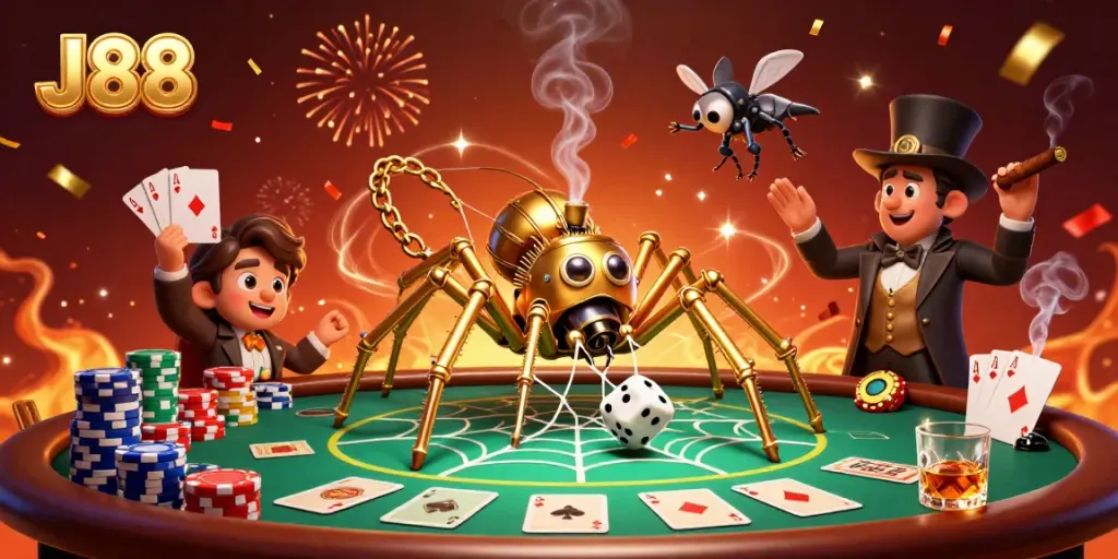 Engage with J88's thrilling poker action amidst a steampunk-themed casino adventure.