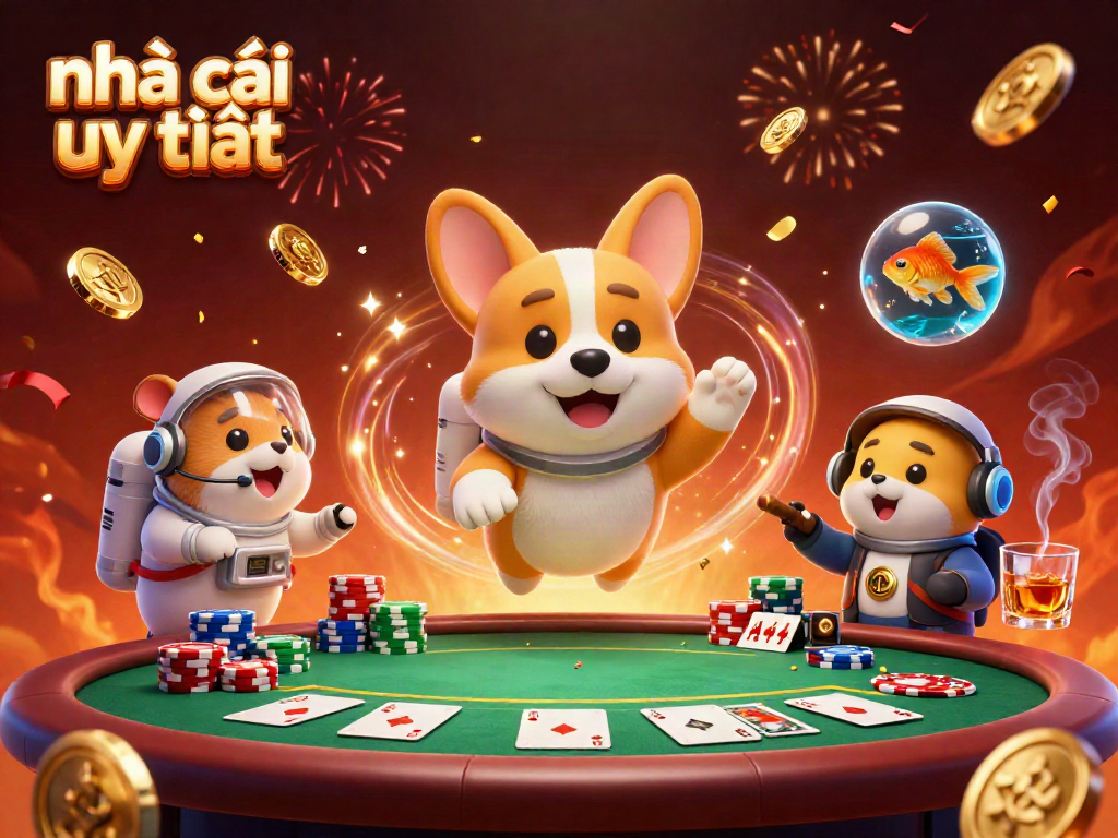 Experience the thrill of nhà cái uy tín with a playful astronaut corgi and friends in a vibrant casino atmosphere.