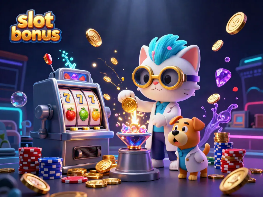 Activate slot bonus wins with cascading coins and vibrant 3D characters in a dynamic casino scene.