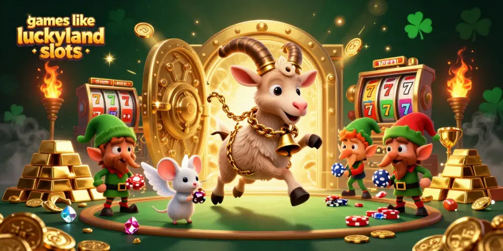 Enjoy games like LuckyLand Slots with dynamic characters in a festive casino scene.
