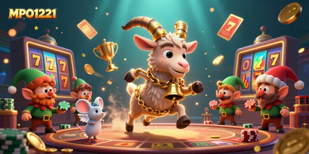 MPO1221 features a dynamic 3D casino scene with Krampus goat and angel mouse managing slot games and mischievous gremlins.
