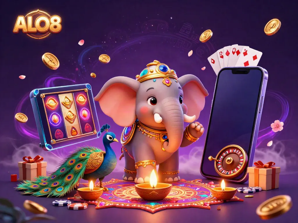 Experience the vibrant world of ALO8 with a colorful 3D illustration featuring gaming elements, Diwali-themed characters, and dynamic casino action.