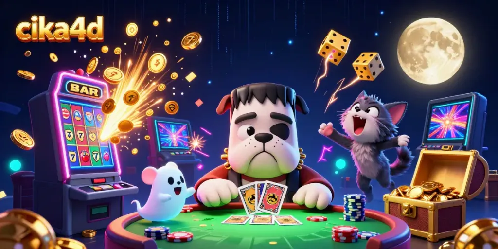 Engage in thrilling gaming moments with cika4d as a Frankenstein bulldog deals cards at a spooktacular casino.