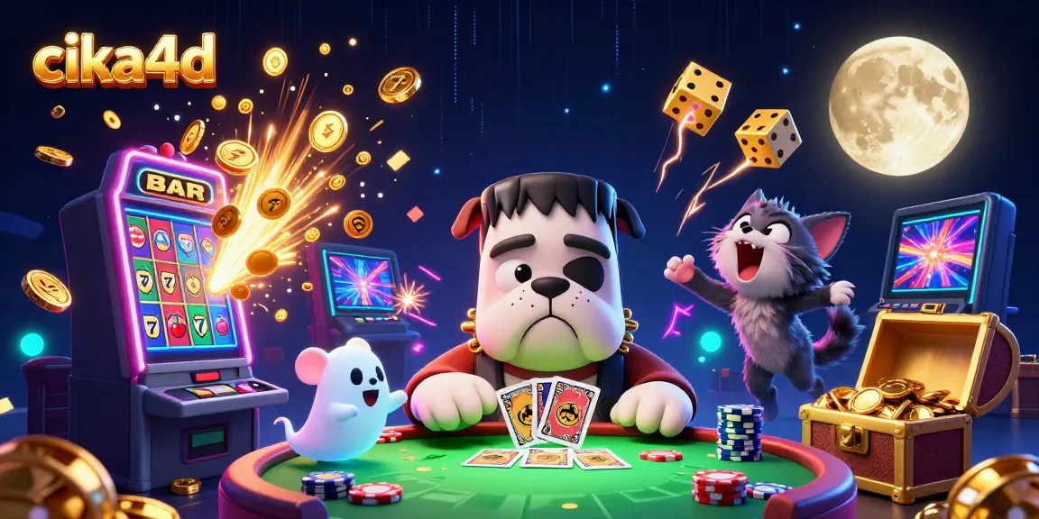 Engage in thrilling gaming moments with cika4d as a Frankenstein bulldog deals cards at a spooktacular casino.