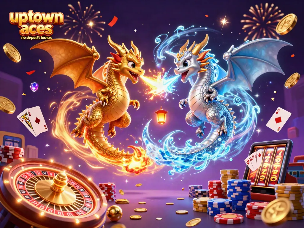 Experience the thrill of uptown aces no deposit bonus with vibrant dragons and cascading casino elements.