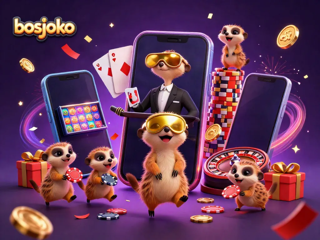 Experience the excitement of bosjoko with meerkats working a lively casino scene, featuring vibrant game elements.