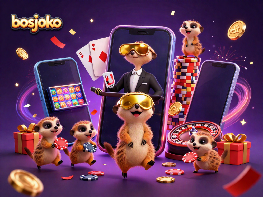 Experience the excitement of bosjoko with meerkats working a lively casino scene, featuring vibrant game elements.