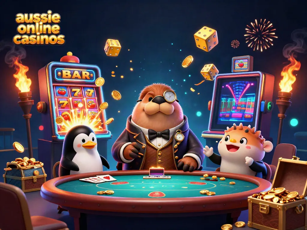 A thrilling scene showcasing Aussie online casinos with a walrus and penguin dealer amid bursting jackpots and colorful games.