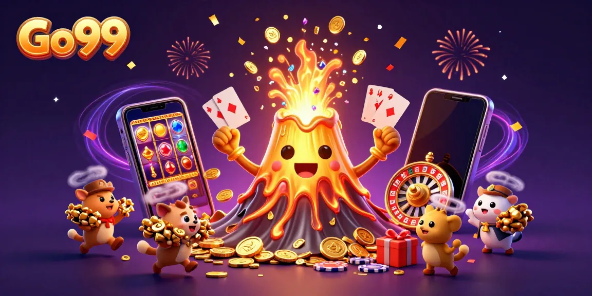 Experience the excitement of Go 99 with a triumphant volcano erupting treasure and vibrant casino elements.