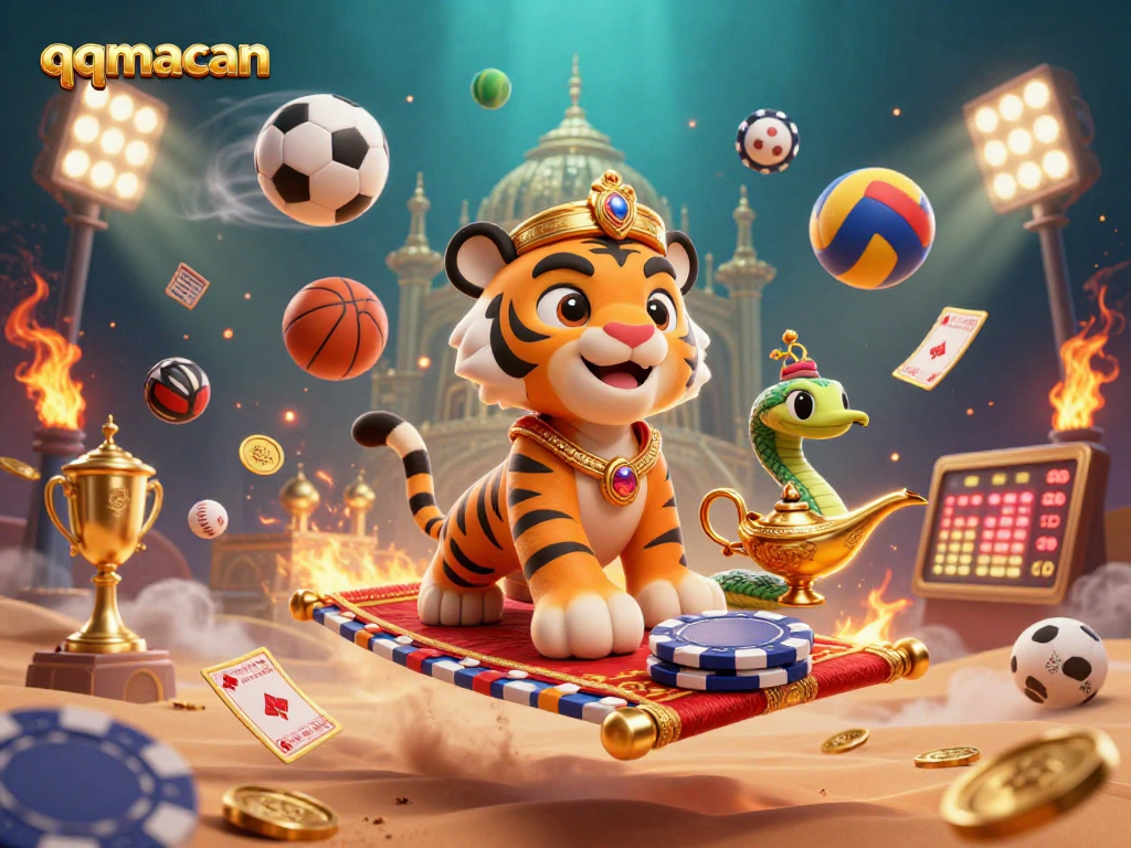 Play games at qqmacan with vibrant cartoon sultan and sports elements in a rich landscape.
