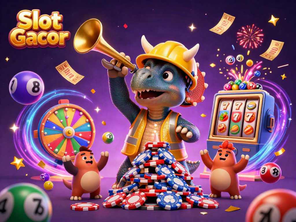 Slot Gacor illustration featuring a triceratops building poker chips amidst a vibrant casino celebration.