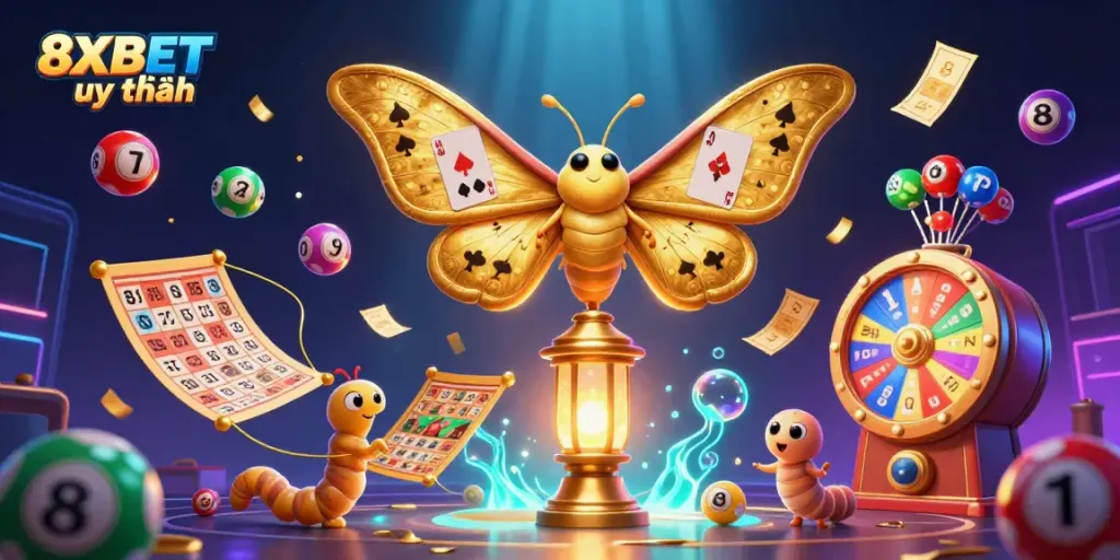 Experience the excitement of 8XBET uy tín with vibrant lottery scenes and golden casino charm!