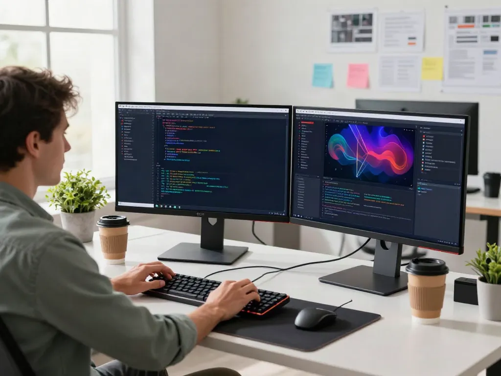 The A80 website showcased in a vibrant tech workspace with a developer coding on dual monitors.