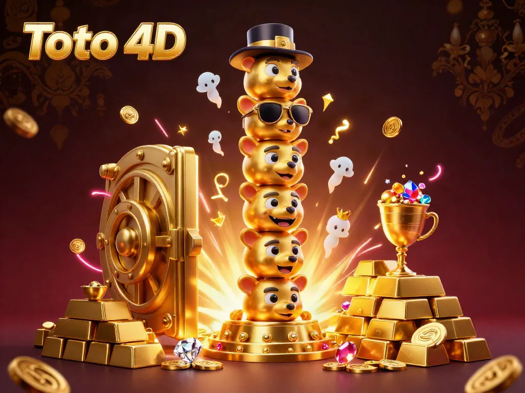 Toto 4D dengan totem kartun emas berhiaskan permata dan aksesori kasino, menampilkan cahaya berkilauan.