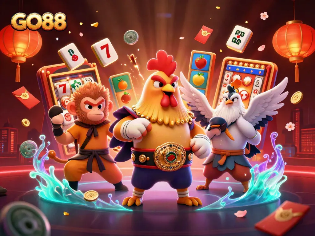 Engage with GO88's vibrant casino atmosphere featuring unique characters and dynamic gaming elements.