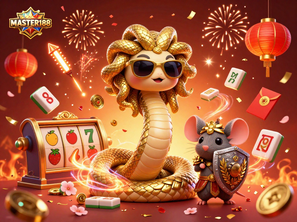 Join the fun at MASTER188 with cute Medusa and a warrior mouse amid casino games and festive elements.