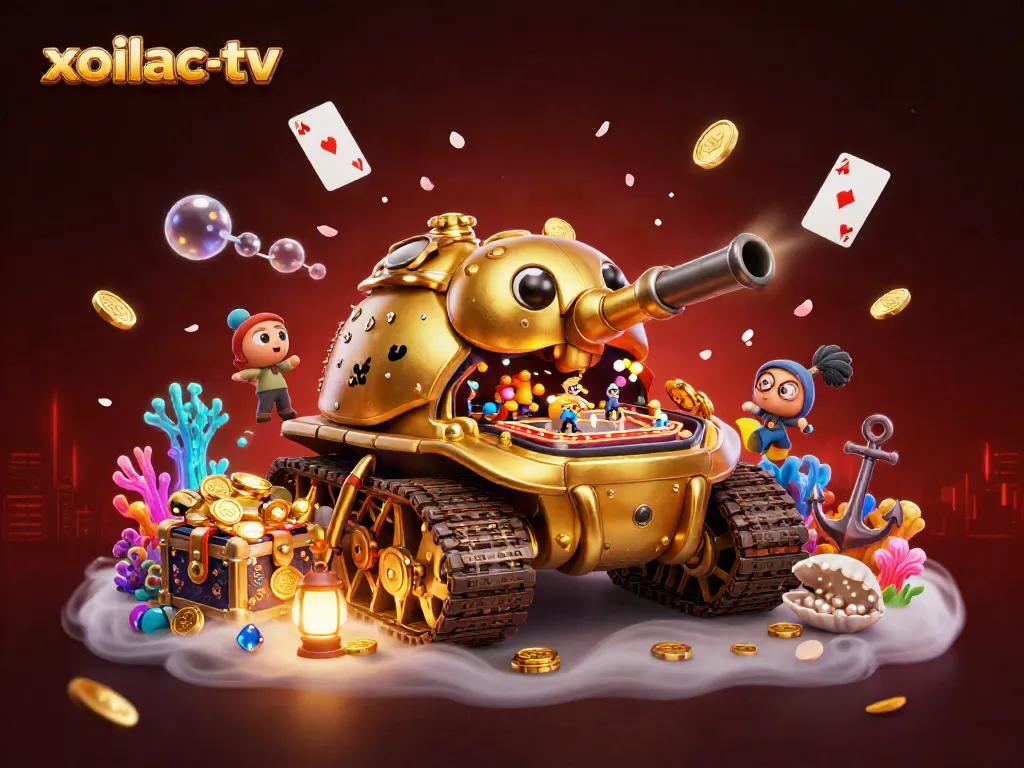 Experience live sports excitement on xoilac-tv with a vibrant 3D scene featuring a golden beetle tank casino.