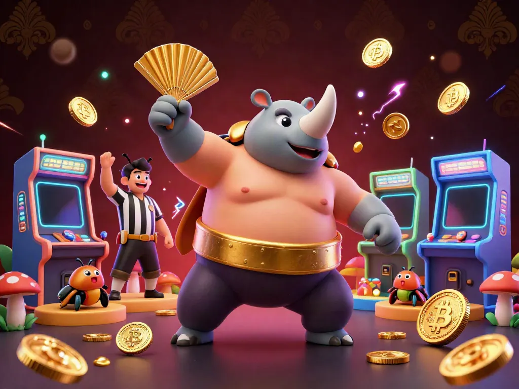 Experience the excitement of the crypto casino with vibrant characters, coins, and arcade games.