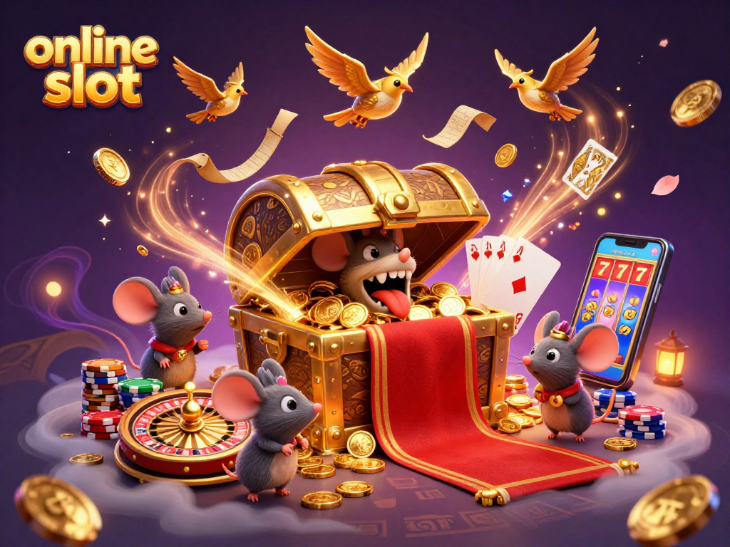 Spin the online slot reels with golden coins cascading in an energetic casino scene.