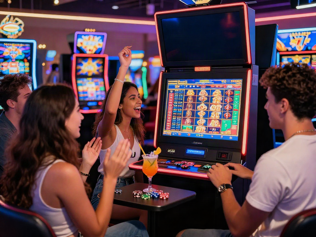 Exciting Lucky777 casino scene with friends celebrating a jackpot win