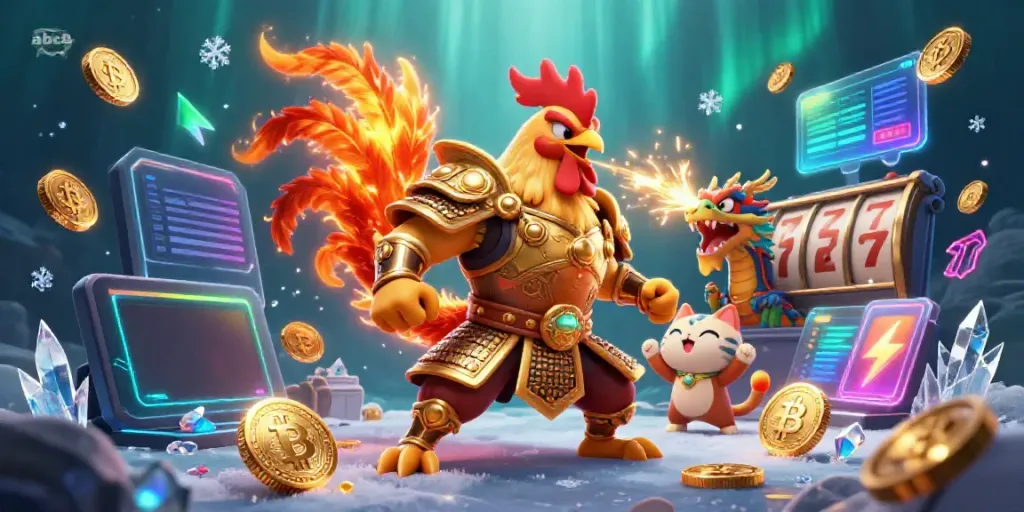 Engage with the adventures of abc8's dynamic casino scene featuring a brave rooster warrior and treasures in 3D.