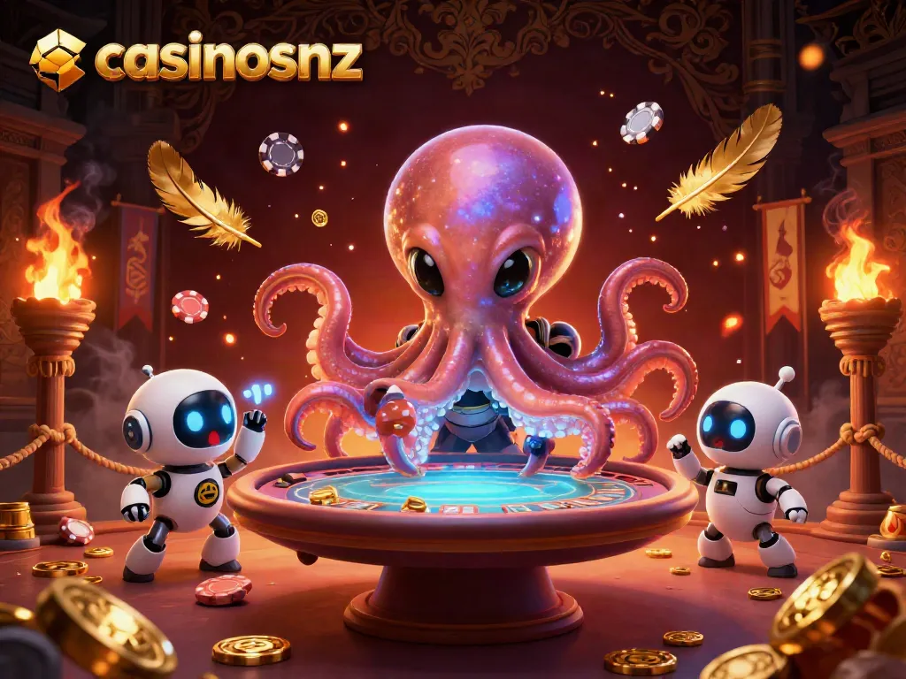 Win big with casinosnz featuring a playful alien octopus and robot at a holographic poker table.