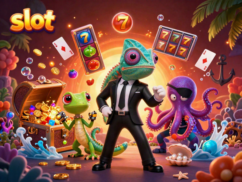 Slot yang menarik dengan karakter kartun, harta karun, dan simbol permainan