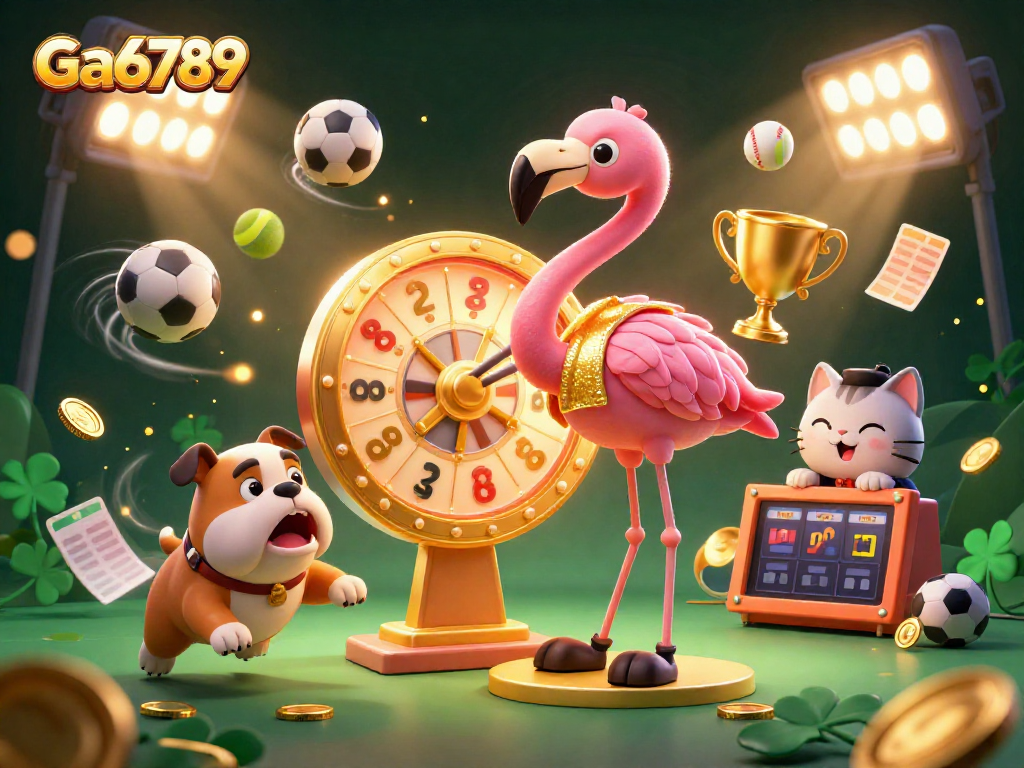 Engage in exciting games at Ga6789 with a flamingo host, bulldog contestant, and prizes galore!