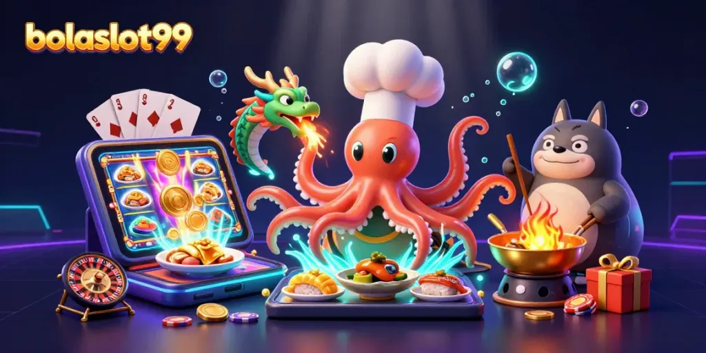 Bolaslot99 captures excitement with a 3D octopus chef and dragon amidst slot games and golden coins.