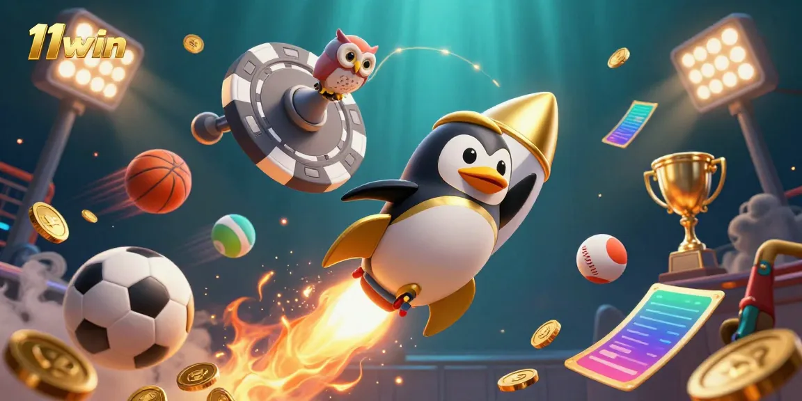 Experience thrilling gameplay with 11win, featuring a golden penguin and casino elements in a vibrant atmosphere.