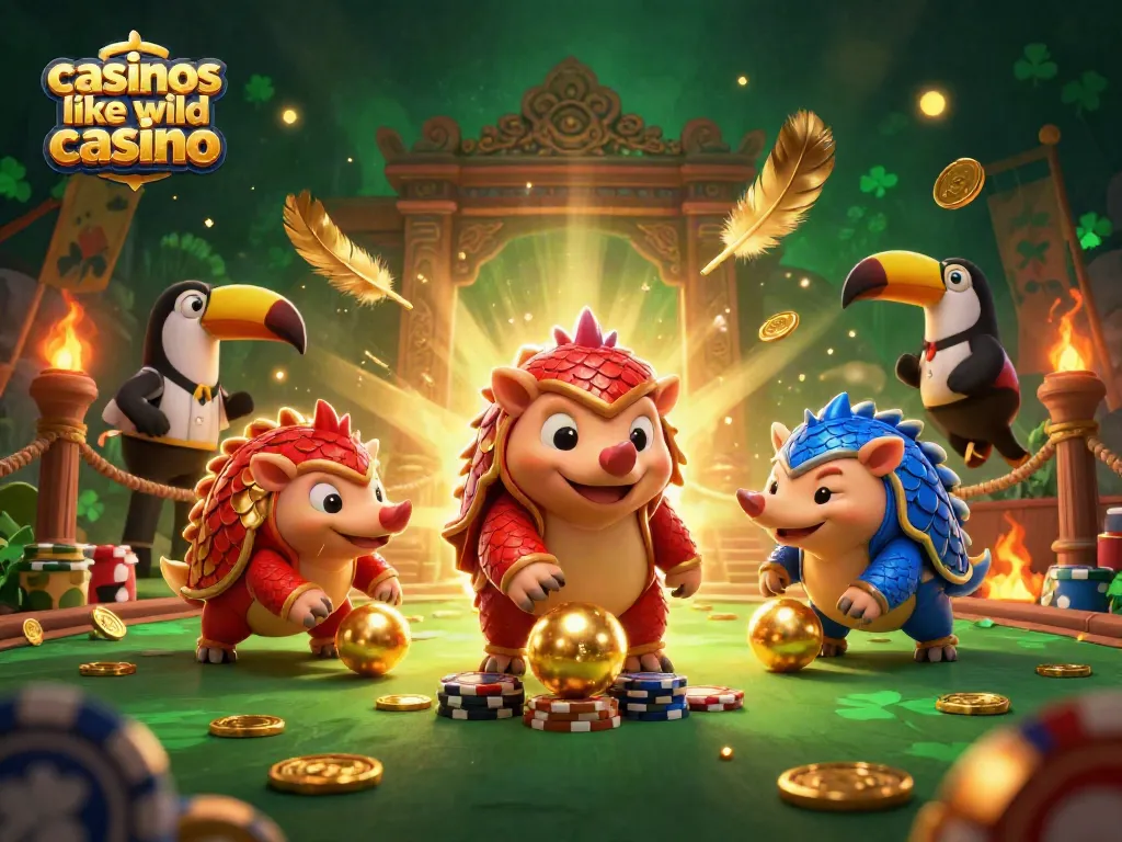 Casinos like Wild Casino feature a dynamic scene of pangolins bowling with poker chips amidst gold coins.