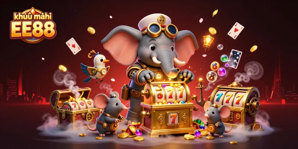 Engage with khuyến mãi EE88 through vibrant steampunk casino characters amid dazzling slot machines and treasures.