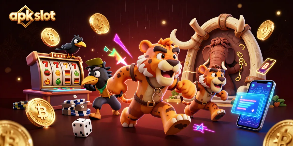 Permainan apk slot dengan simbol keberuntungan ditampilkan oleh karakter kartun di kasino prasejarah.
