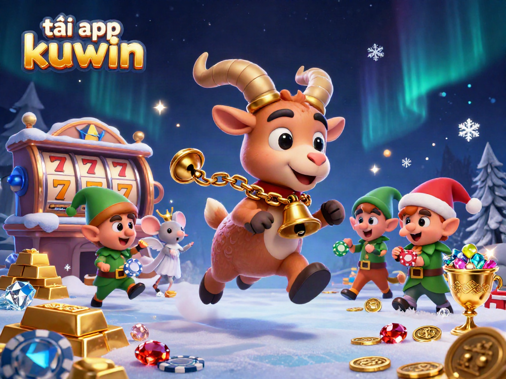 Tải app kuwin and play exciting slot games in a vibrant 3D casino illustration.