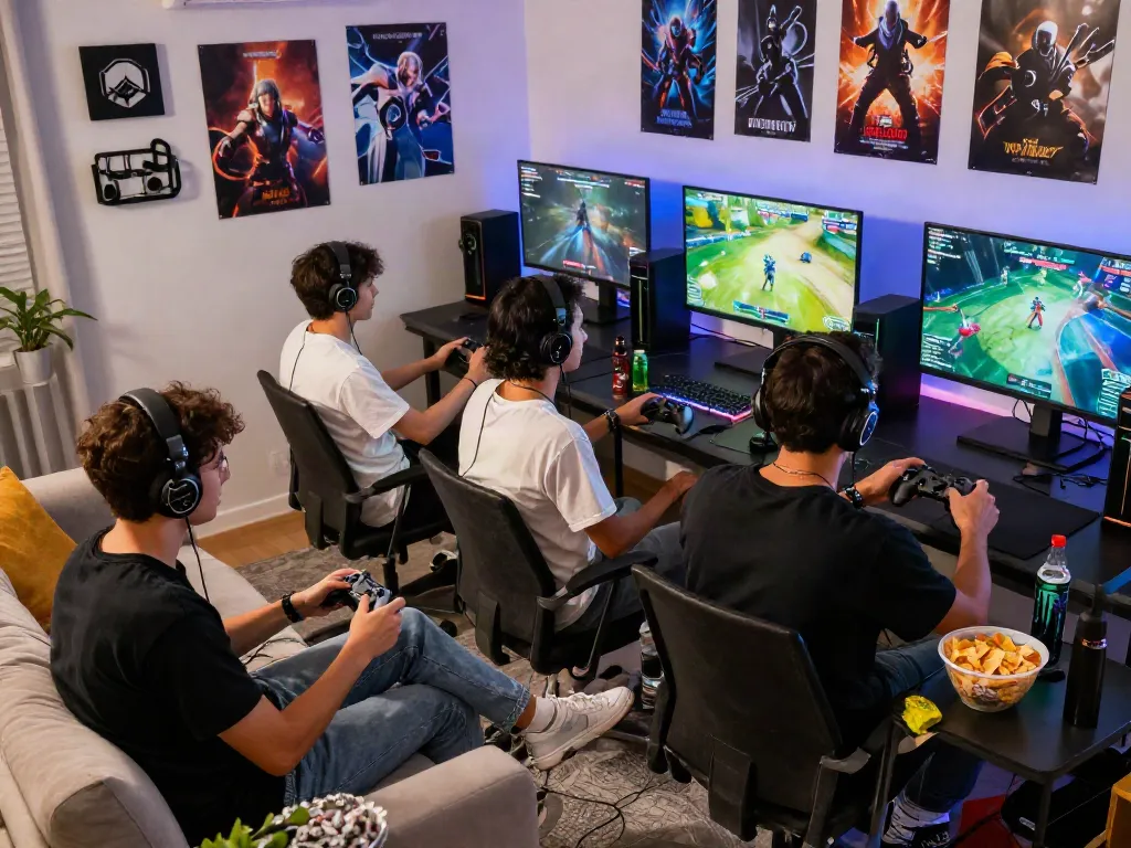 Teman-teman bersenang-senang bermain banteng88, dikelilingi barang-barang game dan suasana yang energik.