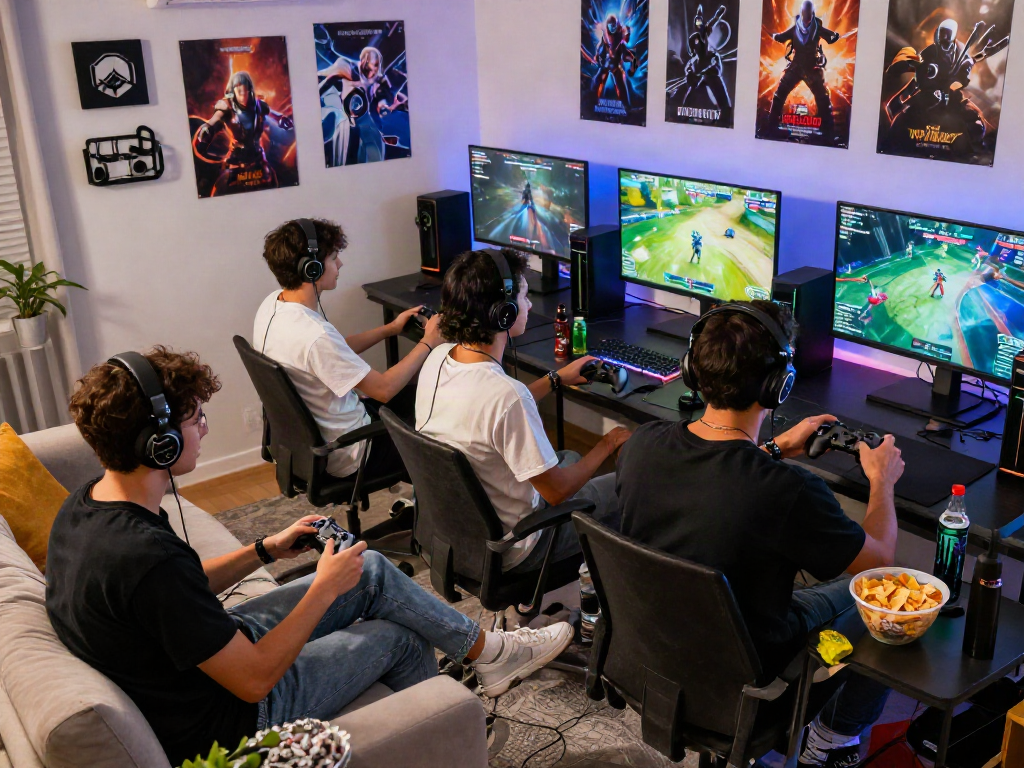 Teman-teman bersenang-senang bermain banteng88, dikelilingi barang-barang game dan suasana yang energik.