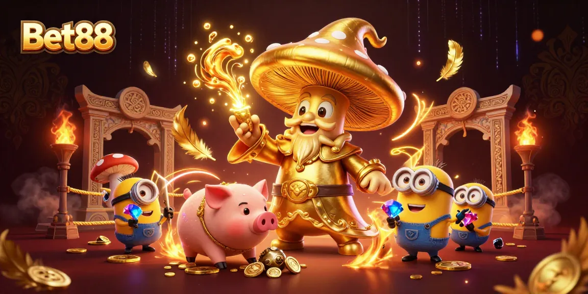 Engaging illustration of Bet88's enchanting gaming world with magical characters and treasures.