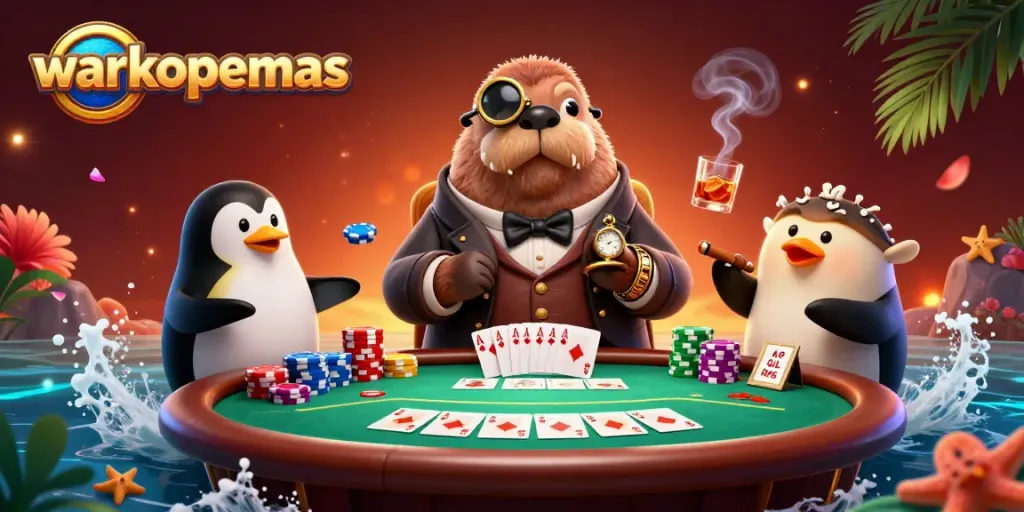 Menggertakan pengalaman bermain warkopemas dengan walrus, dealer penguin, dan ikan bintik di meja poker yang penuh warna.