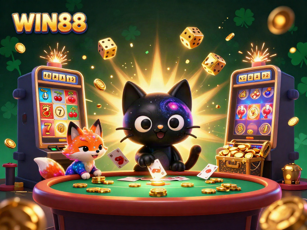 WIN88 cosmic casino scene with a black hole cat and colorful fox featuring slots and gaming elements