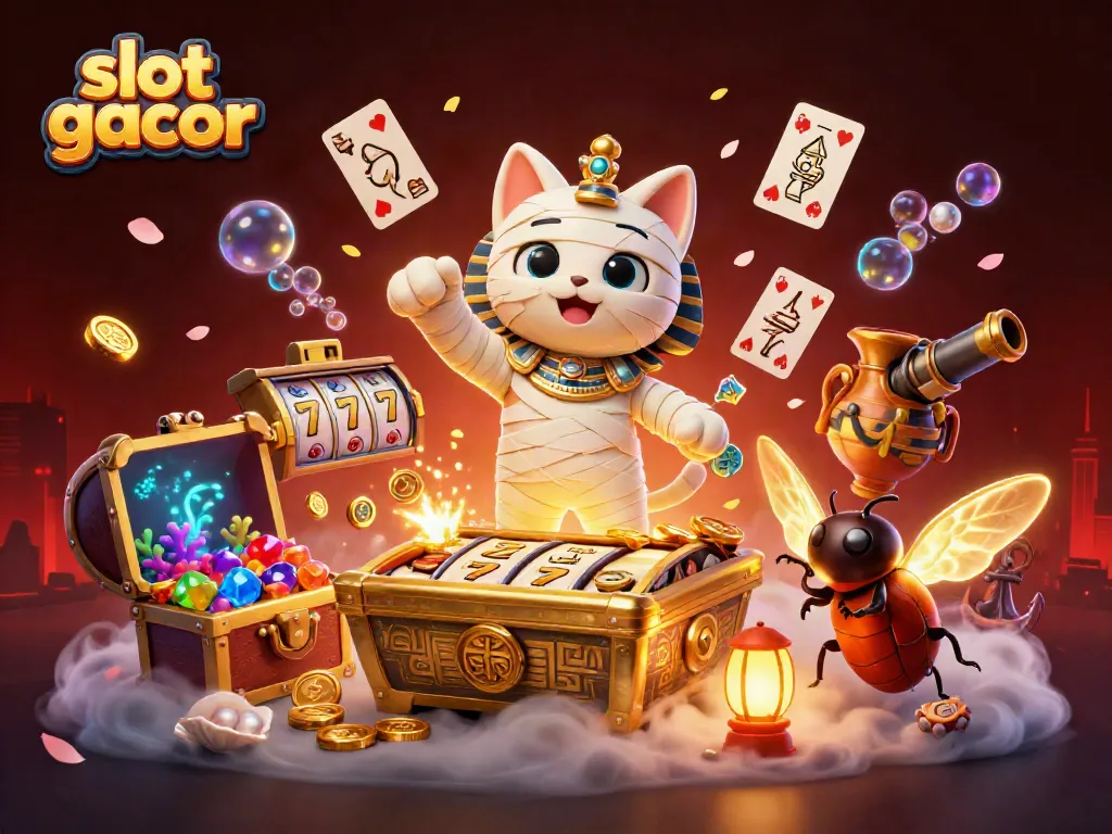Experience the excitement of slot gacor as the Egyptian mummy cat encounters thrilling jackpots in a casino.