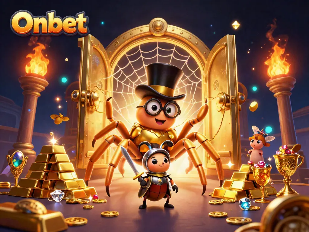 Engage in thrilling experiences at Onbet with a 3D golden tarantula and beetle knight in a casino scene.