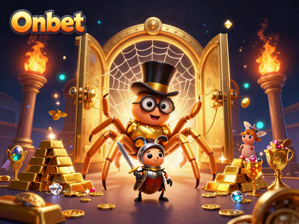 Engage in thrilling experiences at Onbet with a 3D golden tarantula and beetle knight in a casino scene.