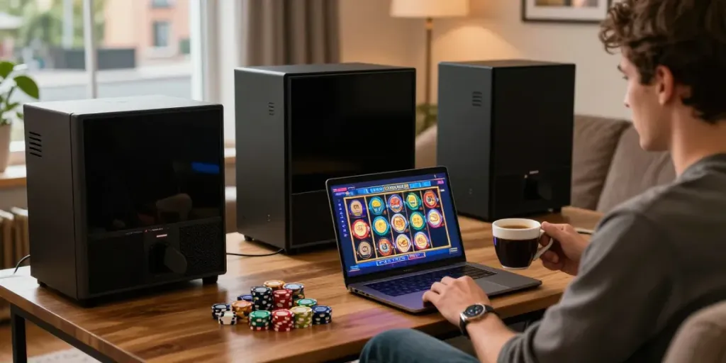 Enjoying the luxury12 slot experience with coffee and gaming gear in a cozy room