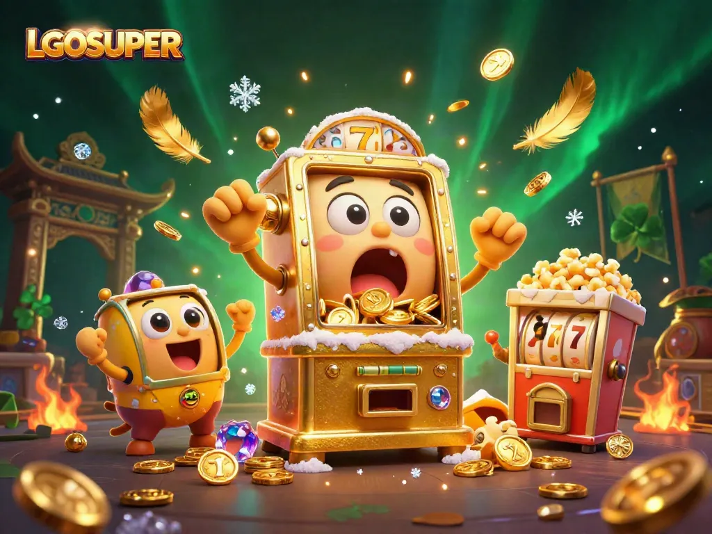 Experience LGOSUPER as the golden slot machine hits a jackpot in a vibrant casino scene.