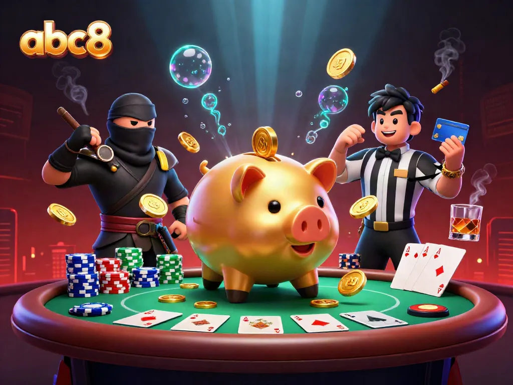 Exciting casino action at abc8 with a golden piggy bank sumo wrestler, illustrating thrilling gaming experiences.