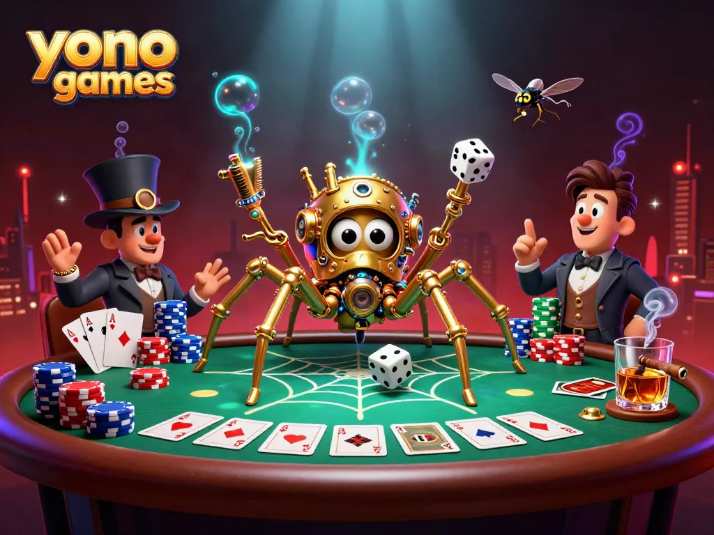 Engage in thrilling yono games with steampunk spider capturing dice, surrounded by poker elements.
