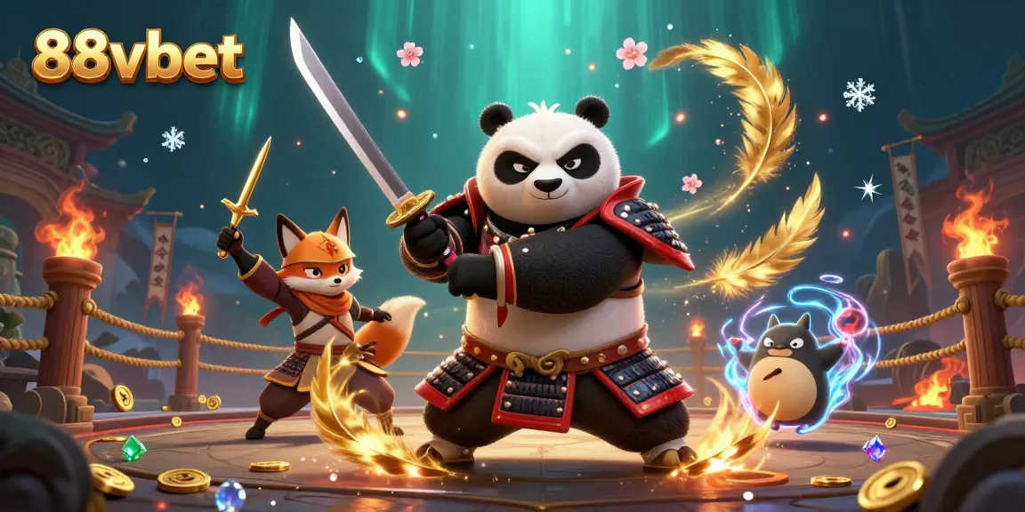 Engage in thrilling gaming at 88vbet with a fierce samurai panda and ninja fox in a dynamic 3D scene.