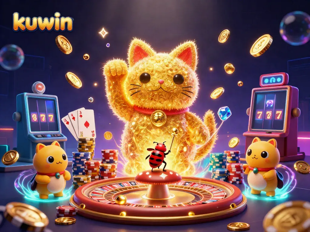 Experience luck and excitement at Kuwin with a vibrant illustration of a golden lucky cat surrounded by casino treasures.